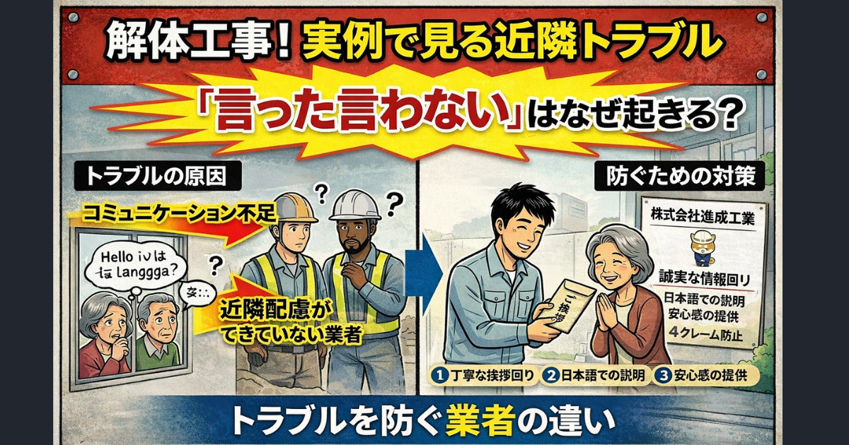 解体工事の近隣トラブル例と対策を説明した図|コミュニケーション不足近隣配慮不足によるクレームとその防止策